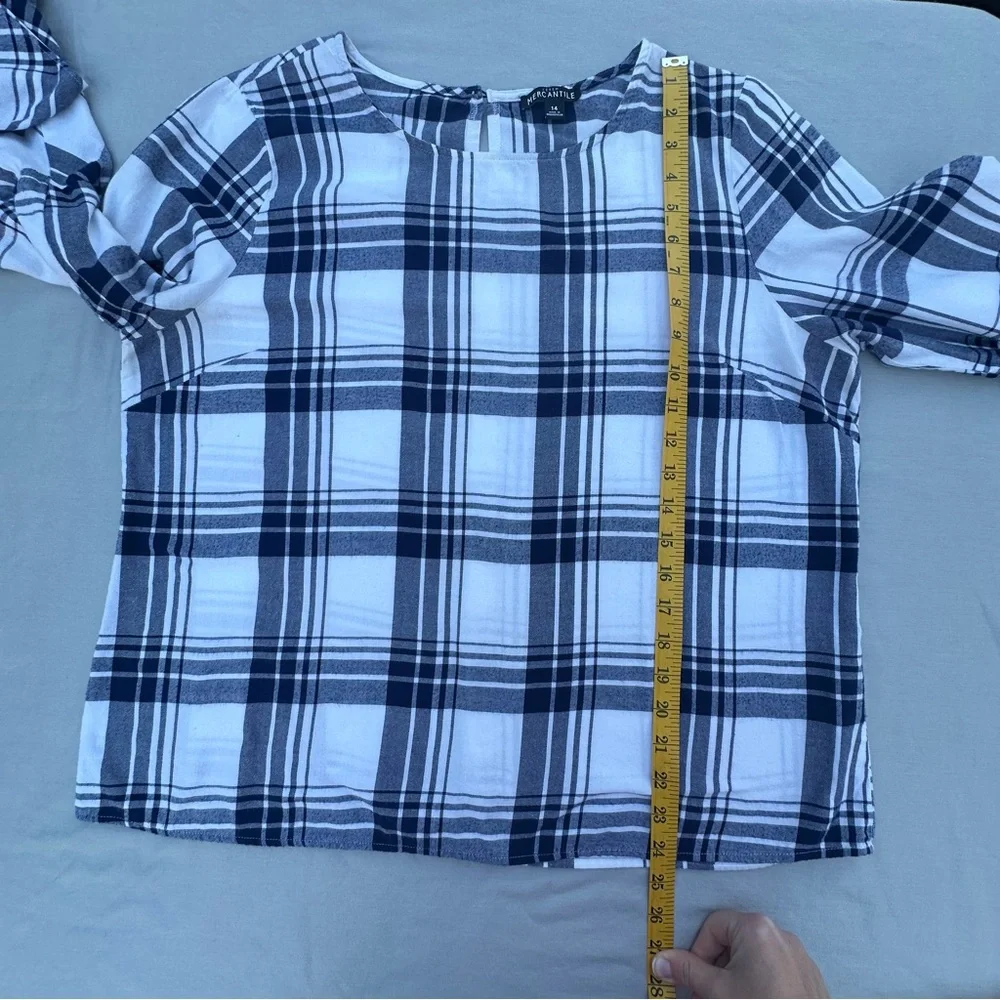 J.Crew Mercantile Plaid Bell Sleeve Blouse Top Navy Blue White Cotton Size 14